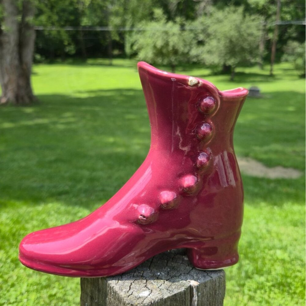 Red Victorian Shoe Planter Retro Pottery Decor